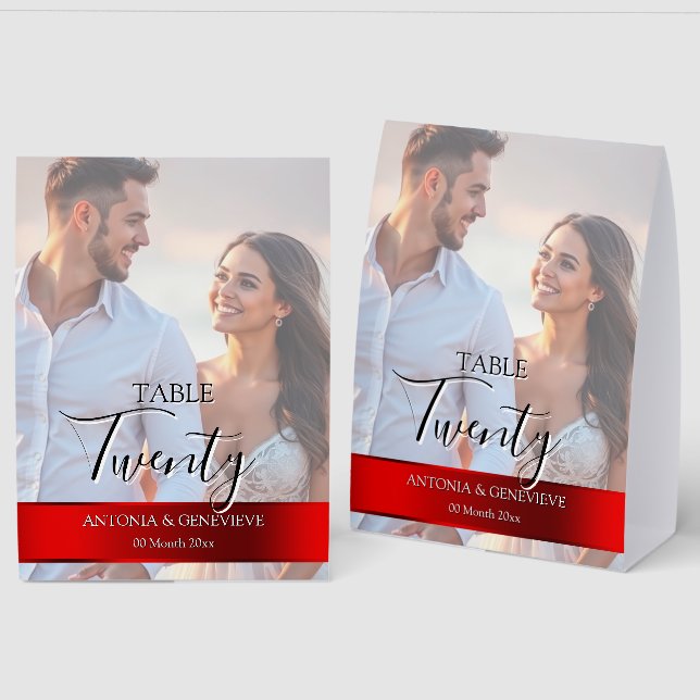 Elegant Photo Wedding Table Number Red band Paper Table Tent (Front/Back)