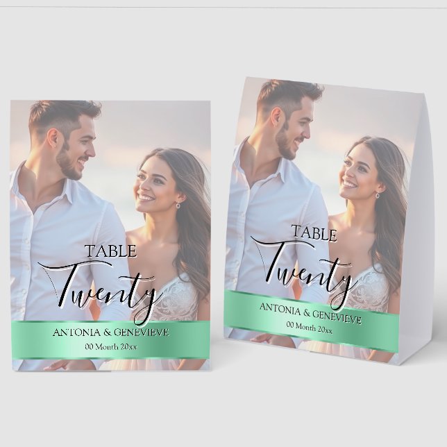 Elegant Photo Wedding Table Number Sage band Paper Table Tent (Front/Back)