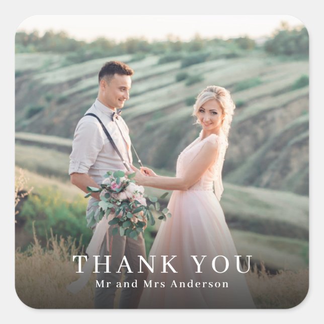 Elegant Photo Wedding Thank You Favor Square Sticker (Front)