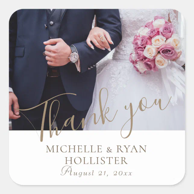 Elegant Photo Wedding Thank you Favor Square Sticker | Zazzle