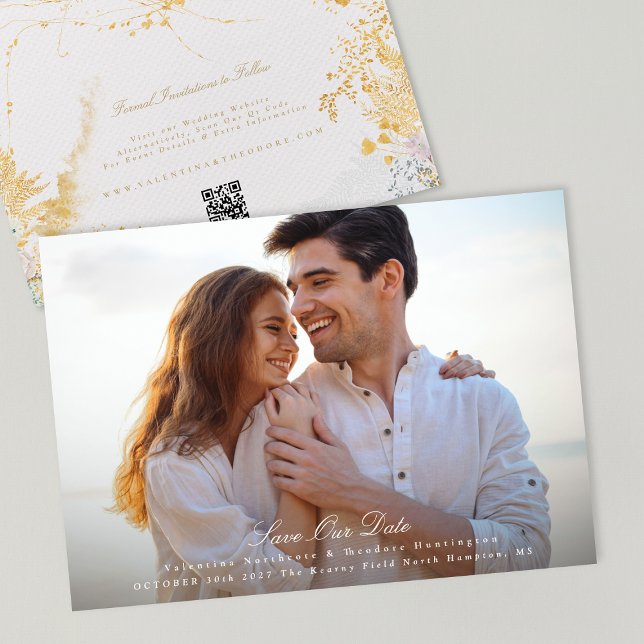 elegant photo wedding website QR code gold florals Save The Date (Creator Uploaded)