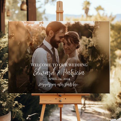 Elegant photo wedding welcome sign faux canvas