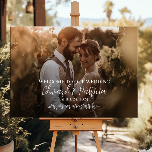 Elegant photo wedding welcome sign faux canvas (Creator Uploaded)