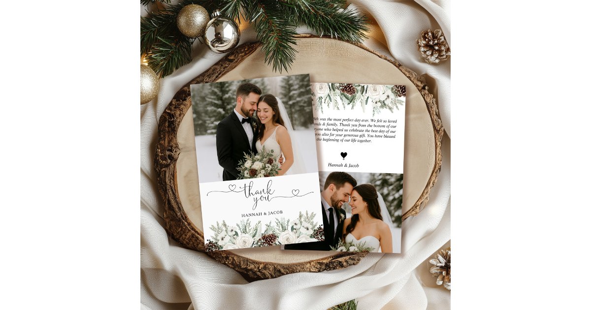Elegant Photo Winter Pine Wedding Thank You Card | Zazzle