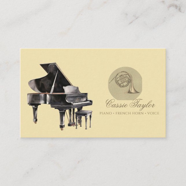 Elegant Piano French Horn Musician Music Teacher  Business Card (Front)