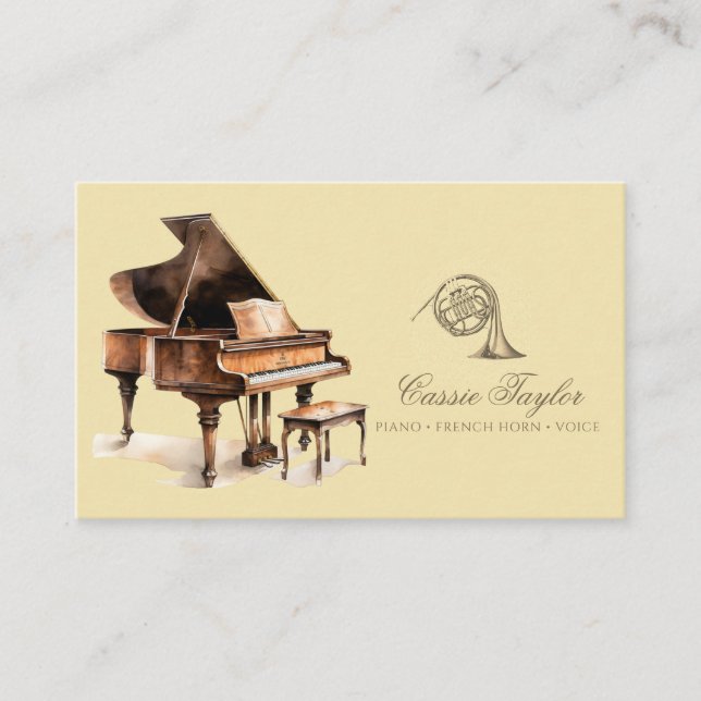 Elegant Piano French Horn Musician Music Teacher  Business Card (Front)