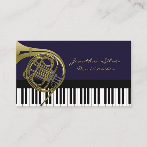 Elegant Piano Keys  French Horn Music Business Card