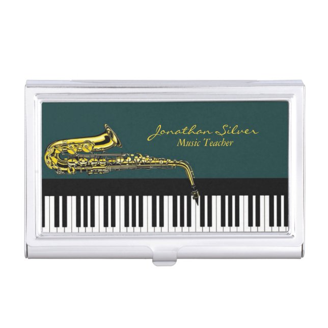 Elegant Piano Keys n Saxophone Music Teacher Business Card Case (Front)