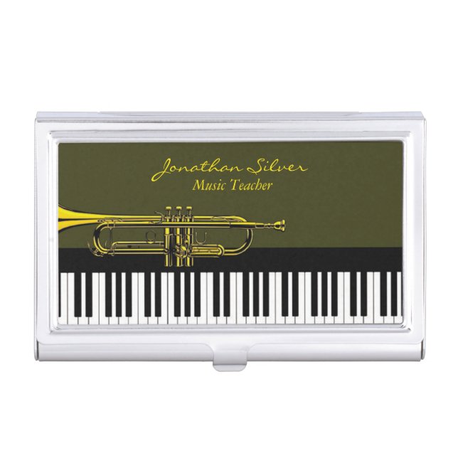 Elegant Piano Keys & Trumpet Music Teacher Business Card Case (Front)
