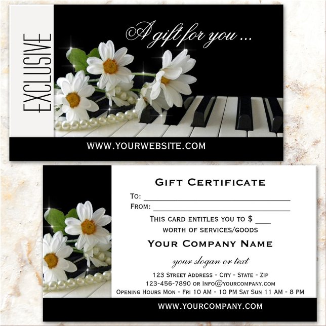 Elegant Piano Music Gift Certificate Template (Elegant gift certificate business card featuring an image of flowers on a piano)