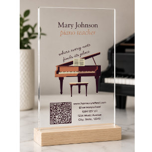 Elegant Piano Teacher QR Code Grand Piano Acrylic  Clear Business Cards