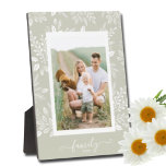 Elegant Picture Easel Back Frameless Photo Holder Plaque<br><div class="desc">Tabletop plaque with a built-in easel features your favorite photo surrounded with a beautiful border of white foliage, dots and berries on a pale green background. CHANGE the background color to MATCH your photo. CHANGE the FAMILY text to anything - TIP: put your text between the two squares to retain...</div>