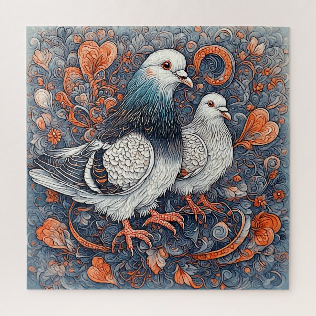 Elegant Pigeon Pair Amidst Intricate Floral Art Jigsaw Puzzle (Vertical)