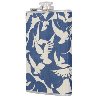 Elegant Pigeons in White and Blue Flask
