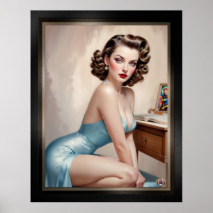 Elegant Pin-Up Girl Beauty In Satin Blue Attire Poster