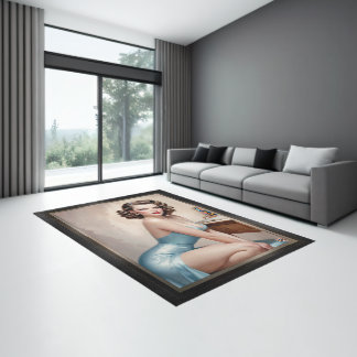 Elegant Pin-Up Girl Beauty In Satin Blue Attire Rug