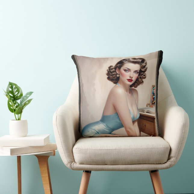 Elegant Pin-Up Girl Beauty In Satin Blue Attire Throw Pillow (Chair)
