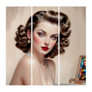 Elegant Pin-Up Girl Beauty In Satin Blue Attire Triptych