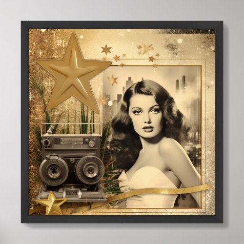 Elegant pin up woman 50th movie star with camera framed art