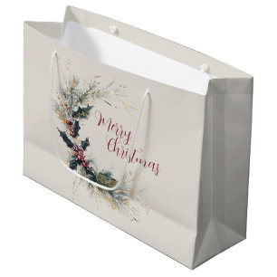 Elegant Pine and Holly Wreath with Gold Accents Large Gift Bag