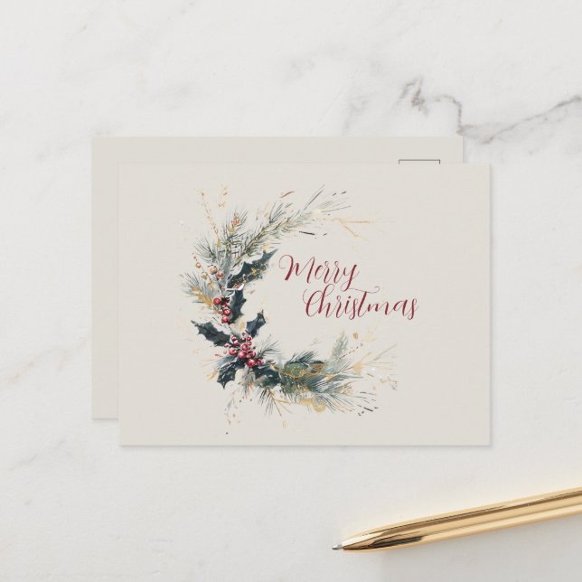 Elegant Pine and Holly Wreath with Gold Accents Postcard (Front/Back In Situ)