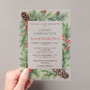 Elegant Pine Berries Corporate Holiday Party Acrylic Invitations