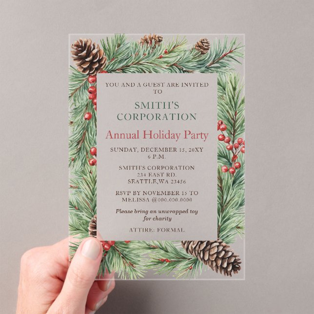 Elegant Pine Berries Corporate Holiday Party  Acrylic Invitations (Insitu (Handheld))