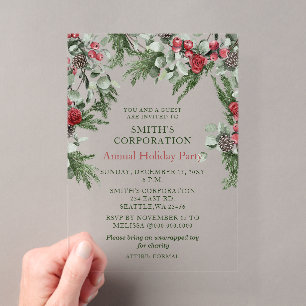 Elegant Pine Berries Corporate Holiday Party Acrylic Invitations