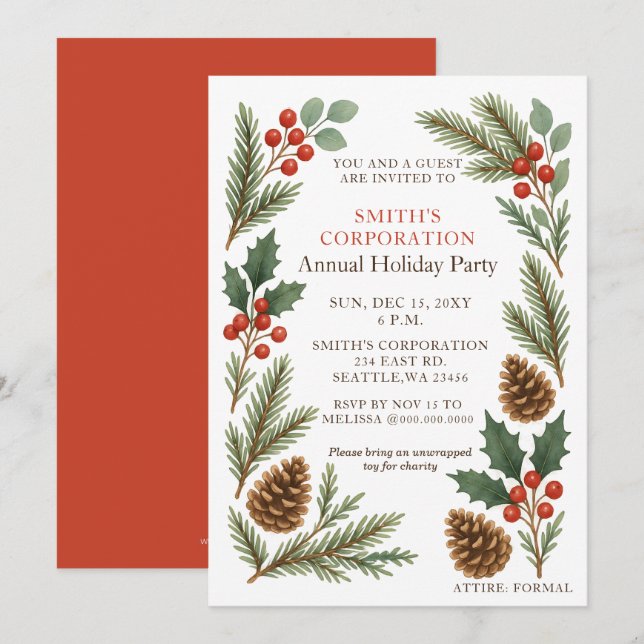 Elegant Pine Berries Corporate Holiday Party  Invitation (Front/Back)