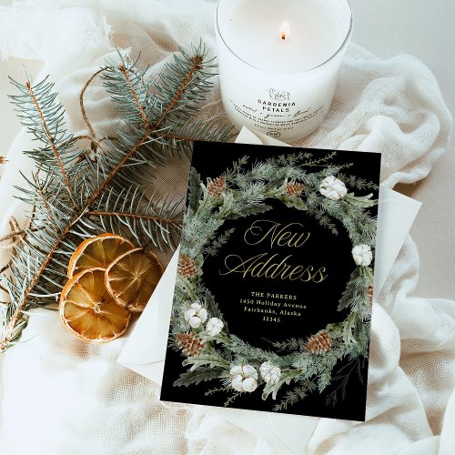 Elegant Pine Black and Gold Christmas New Address Holiday Card