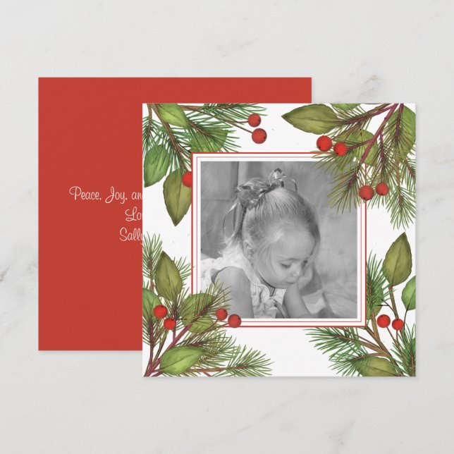 Elegant Pine Botanical Greenery Holly Berries Holiday Card (Front/Back)