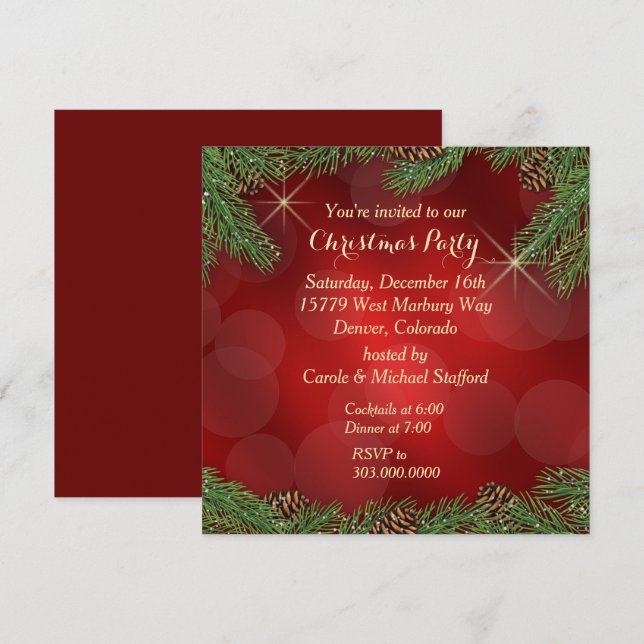 Elegant Pine Bough Red Gold Christmas Party Invitation (Front/Back)