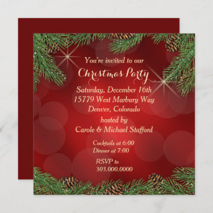 Elegant Pine Bough Red Gold Christmas Party Invitation