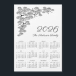 Elegant Pine Branch Botanical Calendar 2026<br><div class="desc">This black and white botanical Magnetic Calendar 2026 features elegant line art illustration of pine branch at the upper left corner and personnalisable family name in a handwritten script lettering at the right. Pine branch is drawn in a pen and ink technique. Great calendar for living room, kitchen, or office....</div>