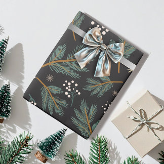 Elegant Pine Branch Christmas Black Wrapping Paper
