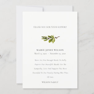 Elegant Pine Branch Foliage Sympathy Memorial Thank You Card