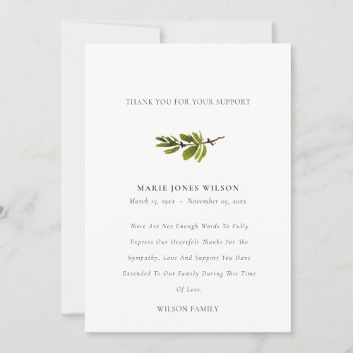 Elegant Pine Branch Foliage Sympathy Memorial Thank You Card