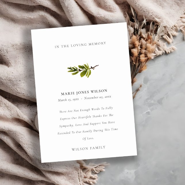 Elegant Pine Branch Foliage Sympathy Memorial Thank You Card (Creator Uploaded)