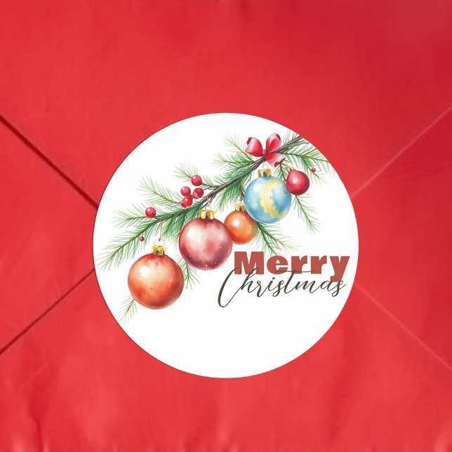 Elegant Pine Branch with Christmas Decorations Classic Round Sticker (Creator Uploaded)