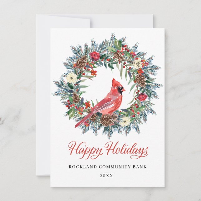 Elegant Pine Christmas Wreath Cardinal Corporate   Holiday Card (Front)