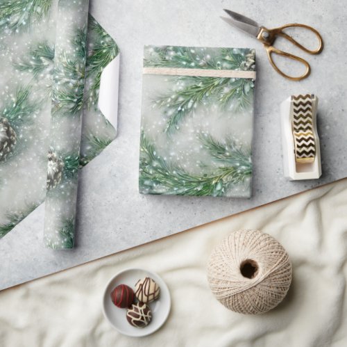 Elegant Pine Cone Boughs  Snow Christmas Wrapping Paper