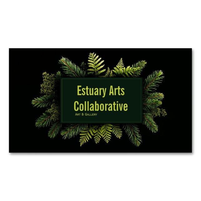 Elegant Pine Fern Evergreen Black Botanical Business Card Magnet (Front)