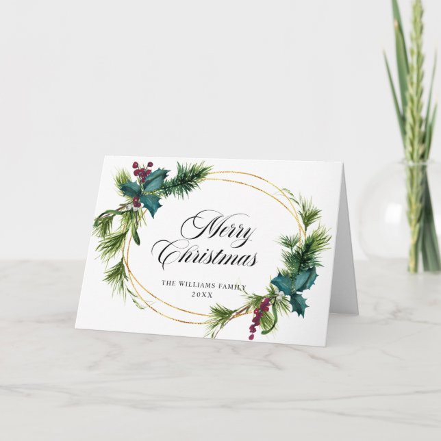 Elegant Pine Fir Holly Berry Christmas Greeting Holiday Card (Front)