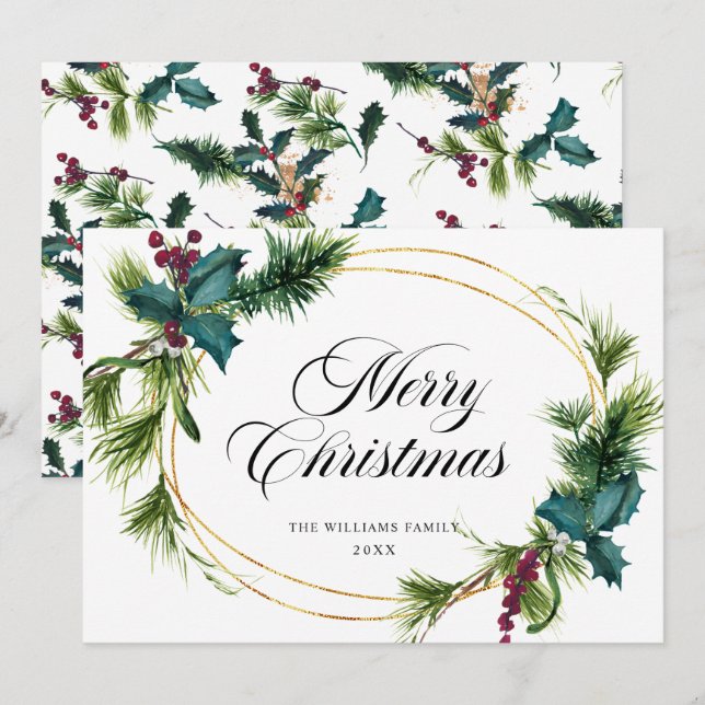 Elegant Pine Fir Holly Berry Christmas Greeting Holiday Card (Front/Back)