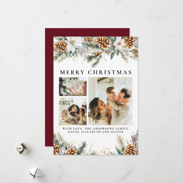 Elegant Pine Foliage | Botanical Red Christmas Holiday Card (Front/Back In Situ)