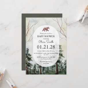 Elegant Pine Forest Bear Watercolor Baby Shower Invitation