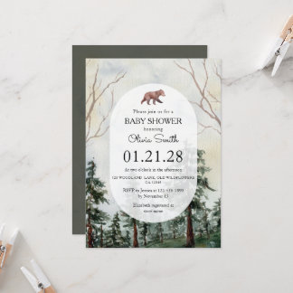 Elegant Pine Forest Bear Watercolor Baby Shower Invitation