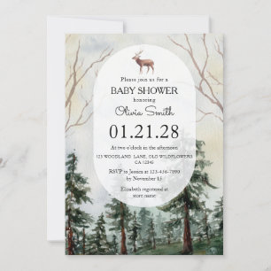 Elegant Pine Forest Deer Watercolor Baby Shower Invitation