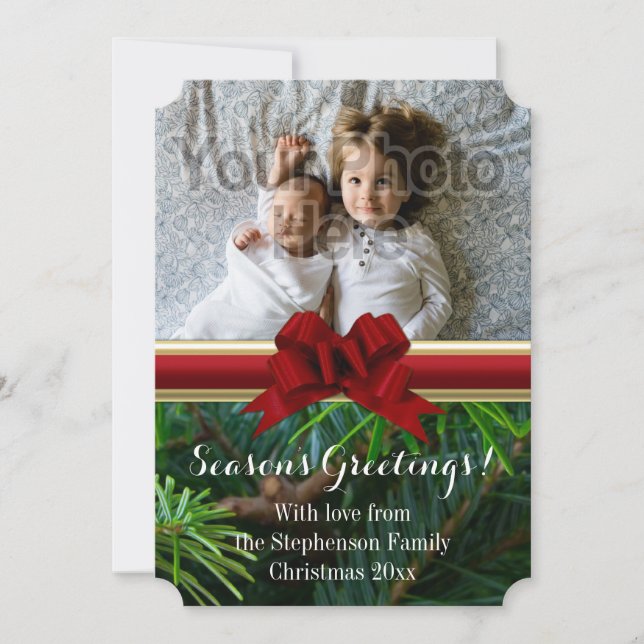 Elegant Pine Gold Red Bow Christmas Holiday Card (Front)