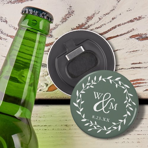 Elegant Pine Green Floral Wreath Monogram Bottle Opener